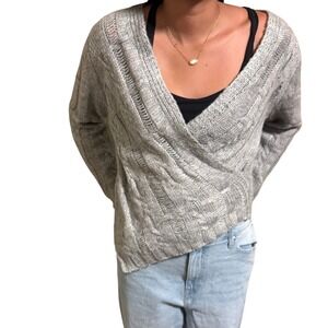 Gilli Gray Cable Knit Wrap Sweater Distressed V‎ Neck Long Sleeve Women L